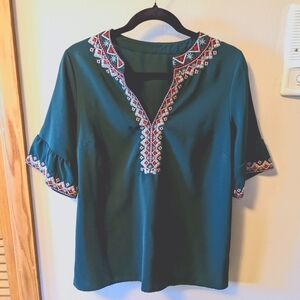 Forest green, flutter sleeve blouse, size Medium